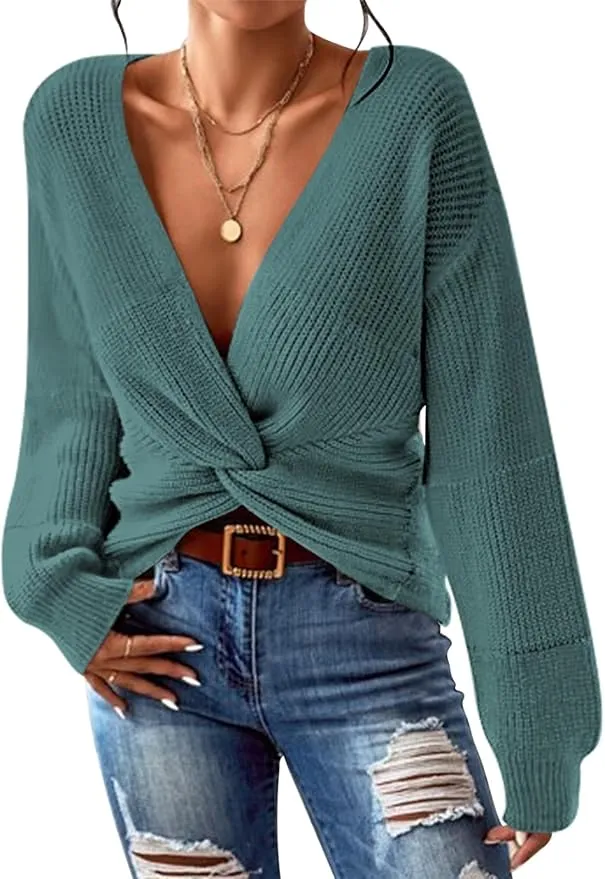 Sovoyontee Damen Pullover Laessig V Hals Langarm Twsit Knot Strick Cropped Tops Schnäppchen, Deals und Rabattcodes des Tages - Damen Pullover mit V-Hals und Twist-Knoten
