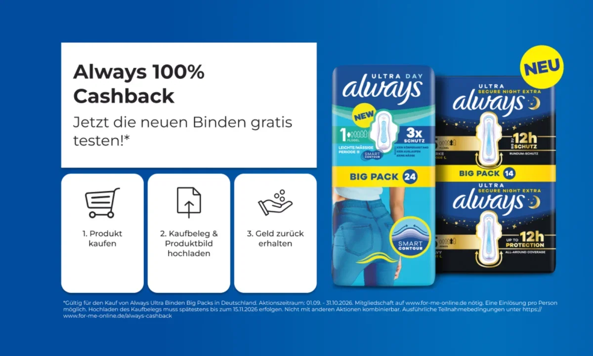 Always Binden gratis testen: 100 % Cashback bis Oktober 2026