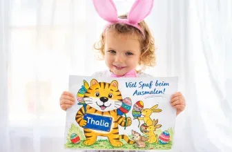 Ein Mädchen mit Osterhasenohren hält ein Bild von Thalino und Ostereiern