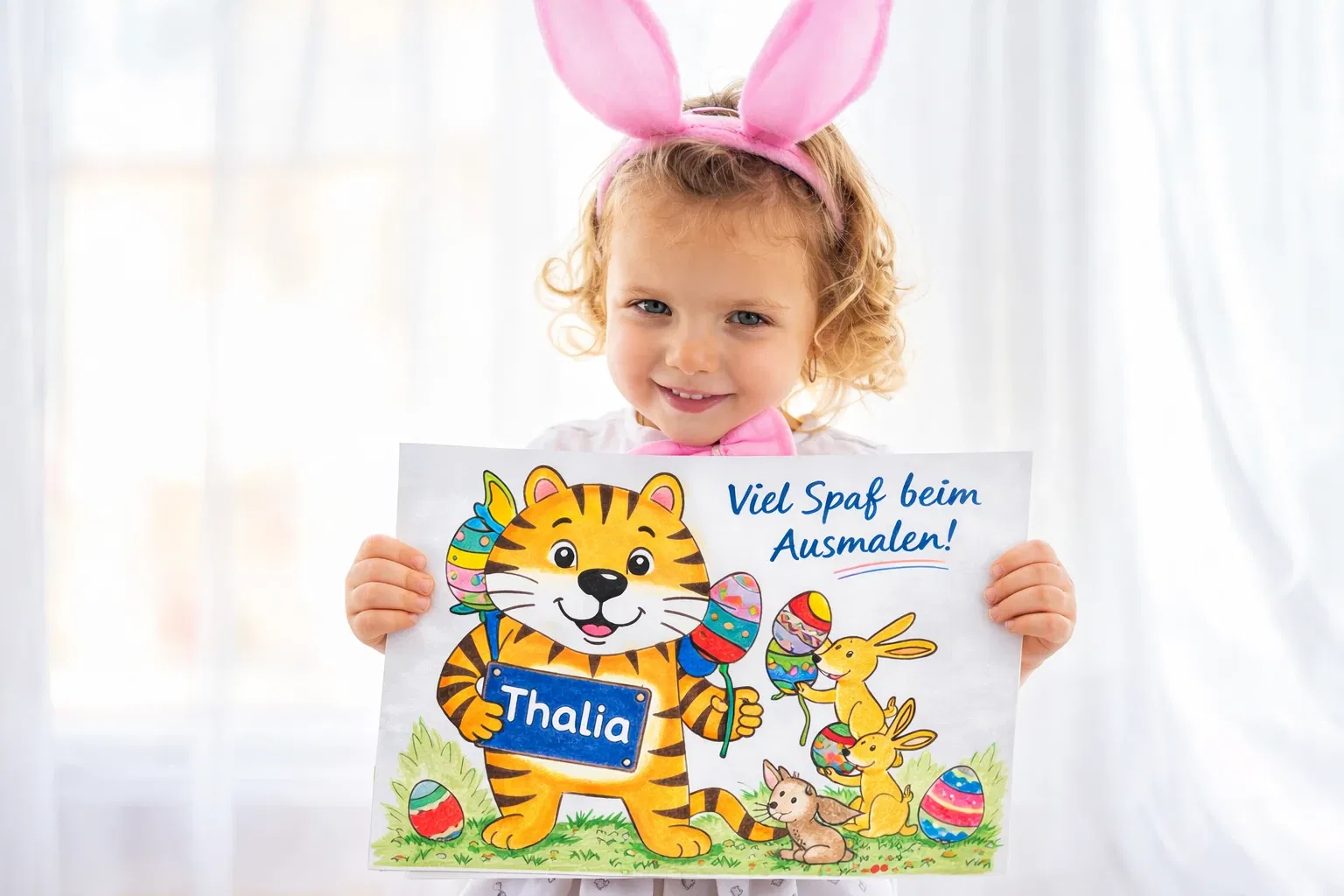 Thalia Osteraktion 2026 Ein Mädchen Mit Osterhasenohren Hält Ein Bild Von Thalino Und Ostereiern