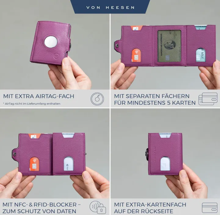 VON HEESEN Airtag Slim Wallet mit RFID-Schutz Pink