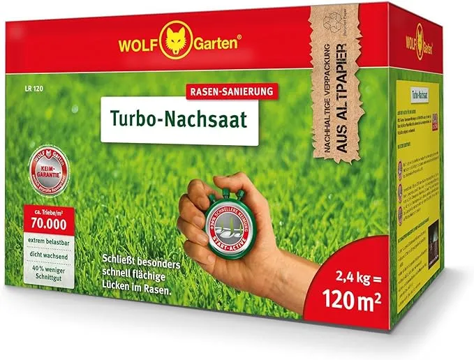 WOLF-Garten Turbo-Nachsaat zur Rasensanierung LR120 (2.4kg120 m2 hohe Dichte mit ca. 70.000 Trieben/m2) für 20,99 € inkl. Prime-Versand (statt 30,00 €)