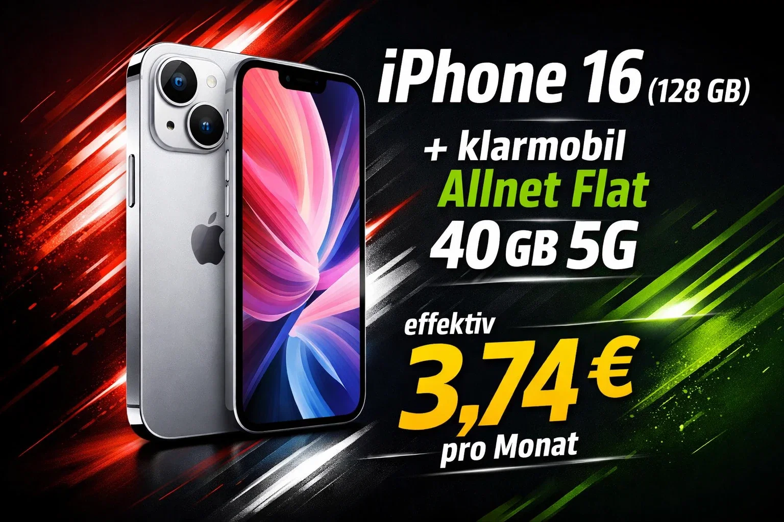klarmobil: iPhone 16 (128 GB) + klarmobil Allnet Flat 40 GB 5G für 29,99 € / Monat + 19,99 € einmalig