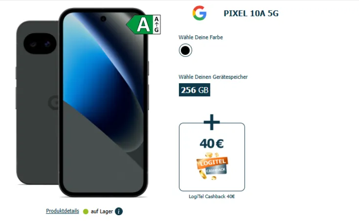 Logitel: Google Pixel 10a 5G (256 GB) für 1€ + LogiTel Cashback 40€ + otelo Allnet-flat Classic 50 GB 5G für 19,99 € / Monat