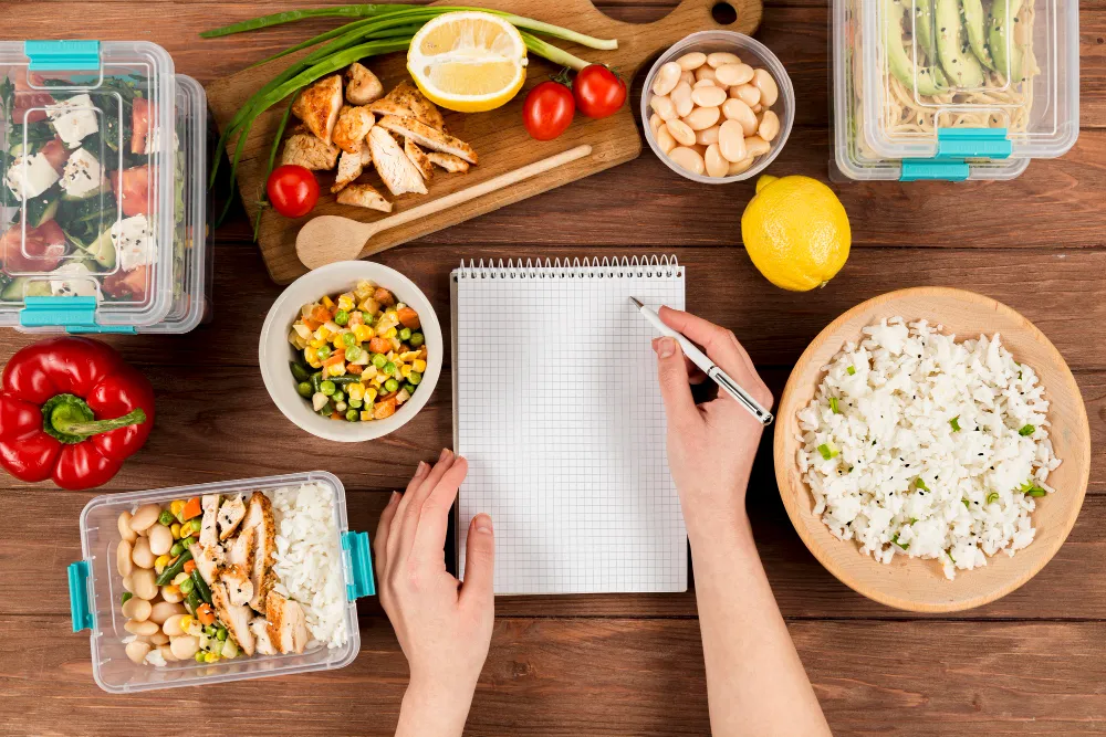 2148487771 Meal Prep Vorbereitung mit Reis, Gemüse und Einkaufsliste für günstiges Budget Kochen