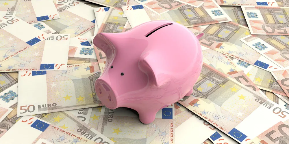 Sparschwein auf Geldscheinen als Symbol für Shopping-Kalender und günstiges Kaufen