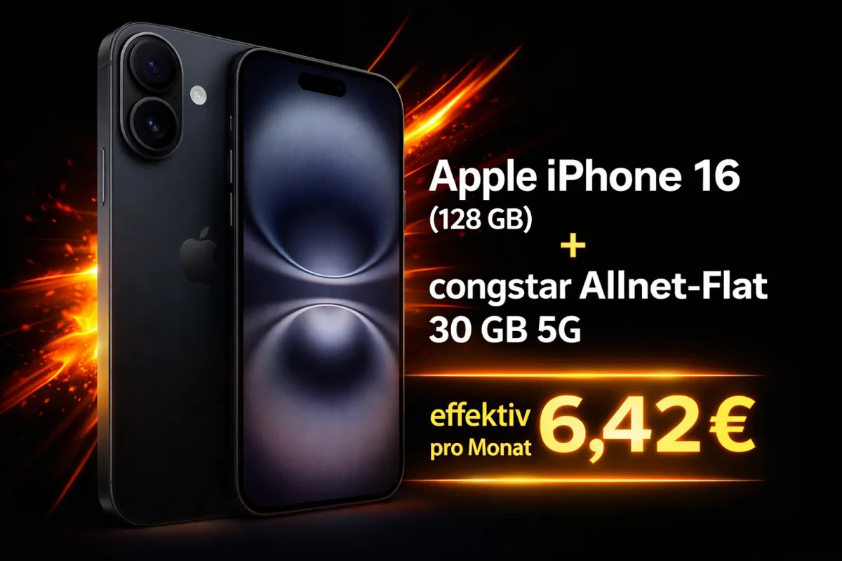 Gomibo: Apple iPhone 16 (128 GB) + congstar Allnet-Flat 30 GB 5G für 19,00 € / Monat + 353,95 € einmalig