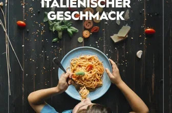 Ein Kind isst Spaghetti von einem blauen Teller, umgeben von italienischen Lebensmitteln auf einem dunklen Holztisch.