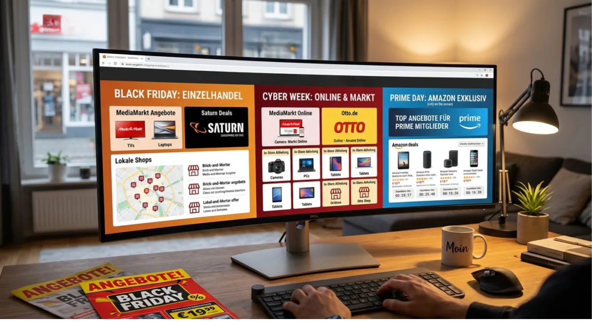Shopping-Kalender mit Black Friday, Cyber Week und Prime Day Angeboten auf Monitor dargestellt