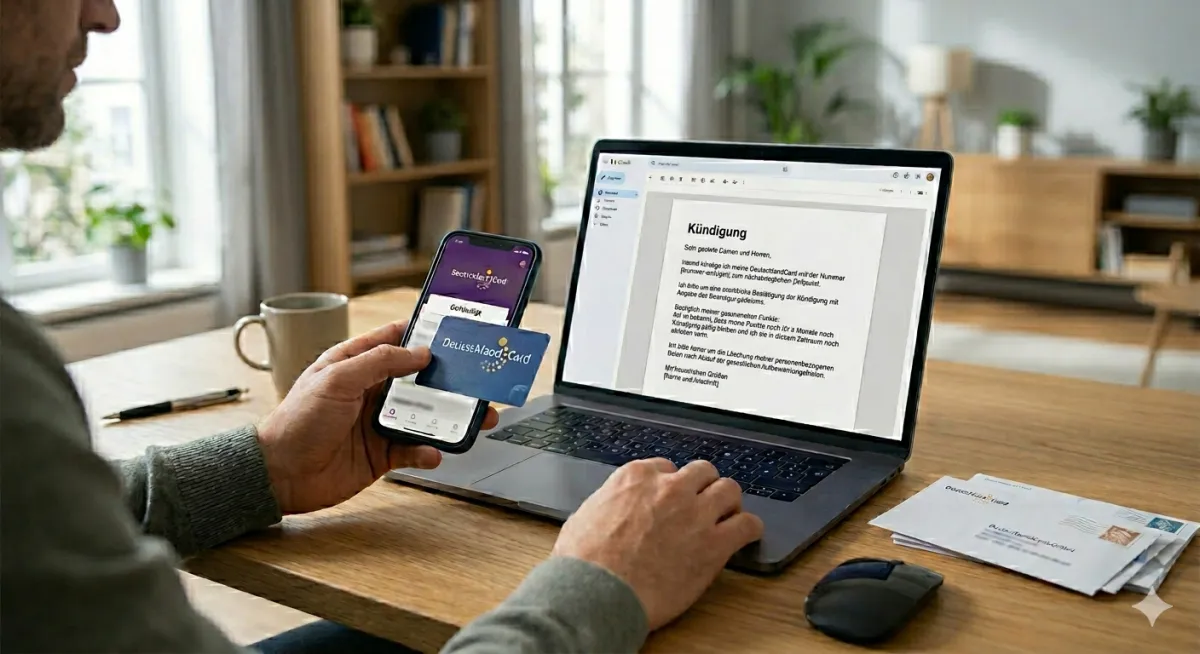 DeutschlandCard kuendigen DeutschlandCard kündigen online – Nutzer hält Bonuskarte und erstellt Kündigung am Laptop