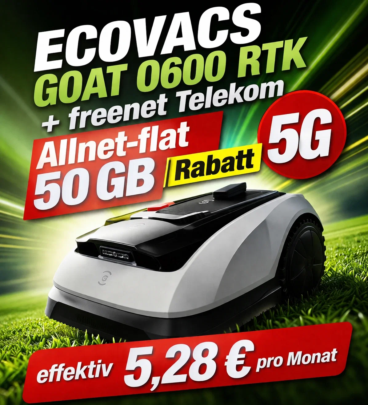 Logitel: ECOVACS GOAT O600 RTK + freenet Telekom Allnet-flat 50 GB Rabatt 5G für 34,99 € / Monat + 1,00 € einmalig