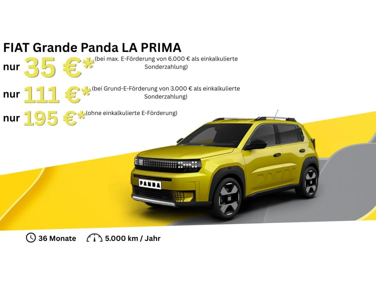 Fiat Grande Panda La Prima mit 113 PS für 111,00 € / Monat + 1.390,00 € einmalig – LF 0,37 (Privat- und Gewerbekunden)