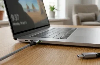 Ein Laptop mit USB-C Kabel auf einem Holztisch