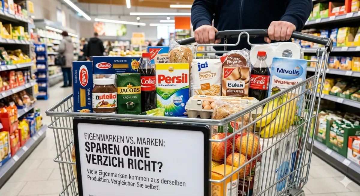 Gemini Generated Image a78yrta78yrta78y Eigenmarken vs Markenprodukte im Supermarkt Einkaufswagen Preisvergleich Lebensmittel und Drogerie