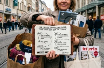 Eine Frau mit Einkaufstaschen und einem Kalender