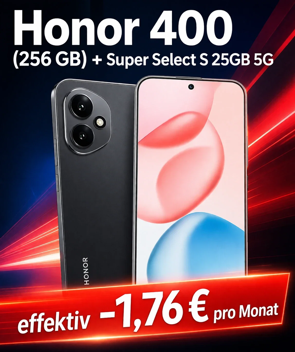 MediaMarkt Tarifwelt: Honor 400 (256 GB) + McAfee LiveSafe Device Attach + Super Select S 25GB 5G für 9,99 € / Monat + 36,94 € einmalig