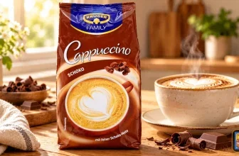Krüger Family Cappuccino Schoko-Beutel auf Holztisch neben dampfender Tasse und Schokoladenstücken