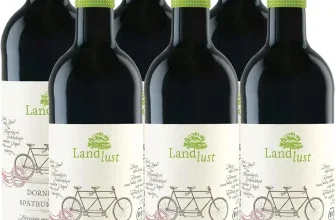 Sechs dunkle Weinflaschen mit grünen Schraubverschlüssen und weißen Etiketten, darauf ein Fahrrad und der Name Landlust.