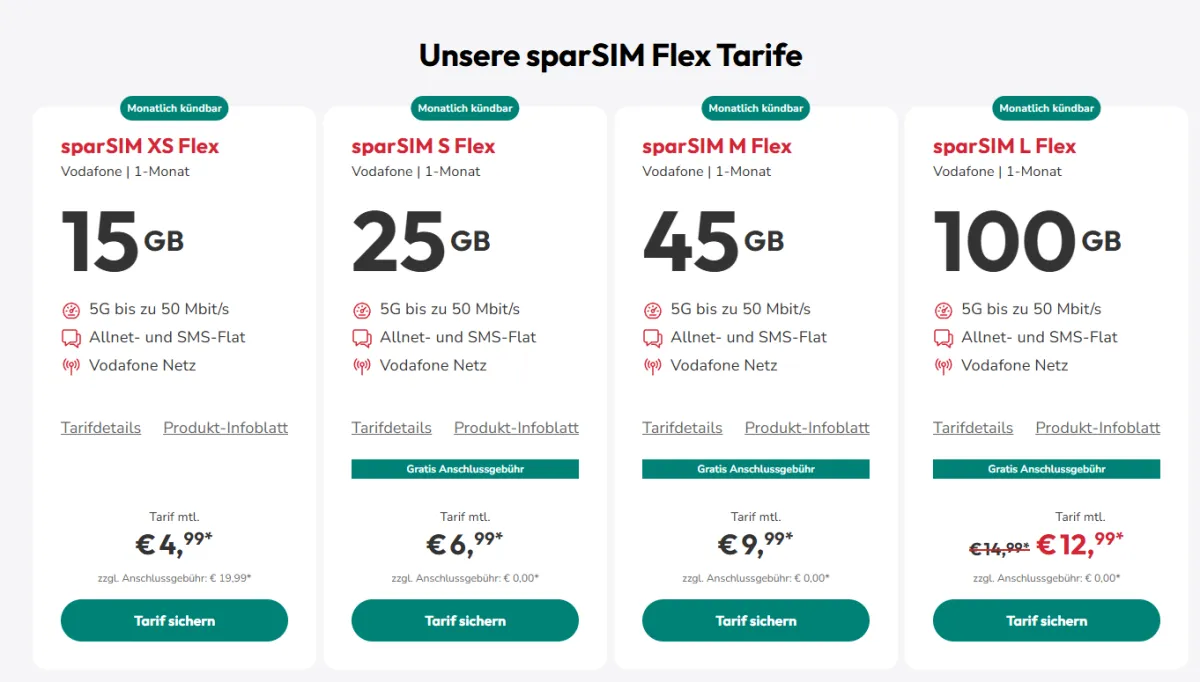sparSIM Flex Tarife im Vodafone-Netz: 100 GB