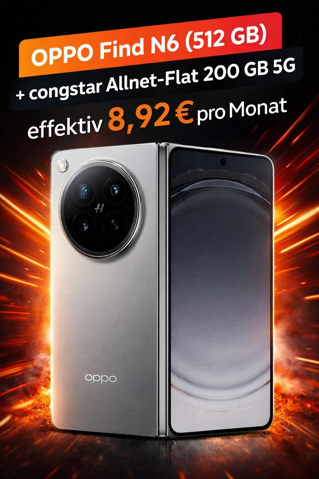 Gomibo: OPPO Find N6 (512 GB) + congstar Allnet-Flat 200 GB 5G für 34,00 € / Monat + 1.363,95 € einmalig