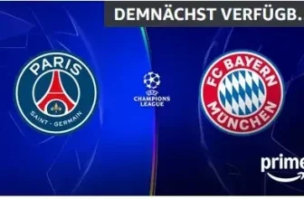 Ein Screenshot von Prime Video mit den Logos von PSG und FC Bayern München