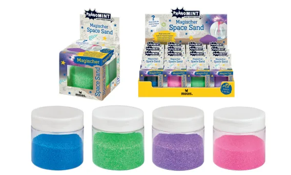 Sicherheitsrückruf für moses. PhänoMINT Magischer Sand: Produktverpackung und vier transparente Dosen mit blauem, grünem, lila und pinkem Spielsand.