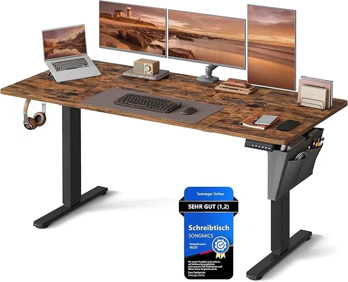 SONGMICS Höhenverstellbarer Schreibtisch (160 x 70 cm, Memory-Funktion mit 4 Höhen vintagebraun LSD136K01)