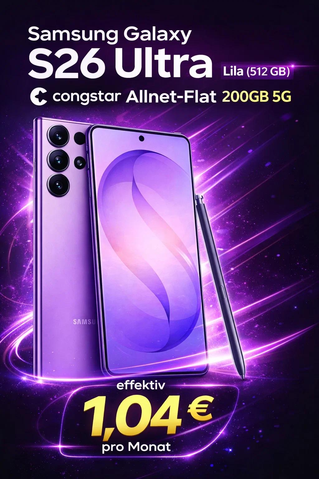 Gomibo: Samsung Galaxy S26 Ultra Lila (512 GB) + congstar Allnet-Flat 200GB 5G für 34,00 € / Monat + 403,95 € einmalig