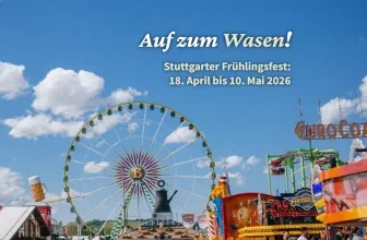 Ein farbenfroher Blick auf das Stuttgarter Frühlingsfest mit Riesenrad und Fahrgeschäften