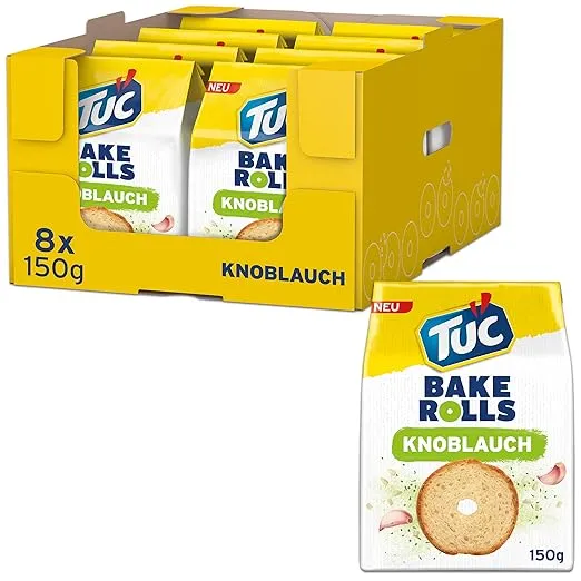 TUC Bake Rolls Knoblauch – Knusprige doppelt gebackene Brotchips (8x150g)