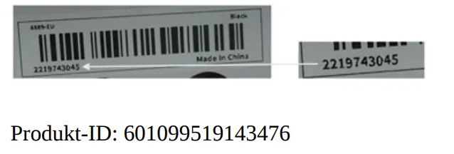 Barcode und Identifikationsnummer 2219743045 sowie Produkt-ID 601099519143476 für das CRASTS Glätteisen.