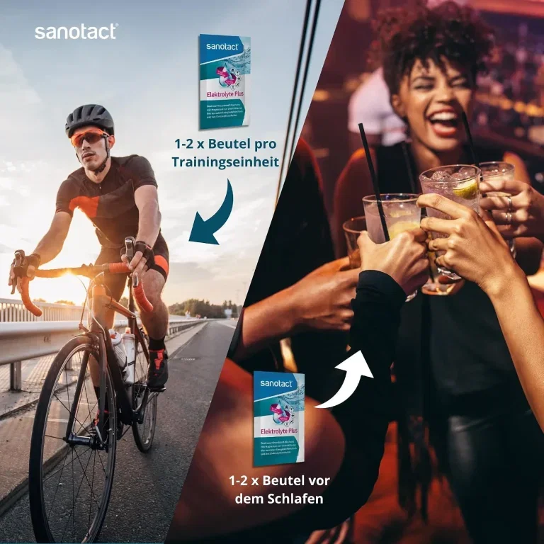 Ein Mann auf einem Fahrrad neben einer Frau, die Drinks hält, mit sanotact Elektrolyte Plus im Bild
