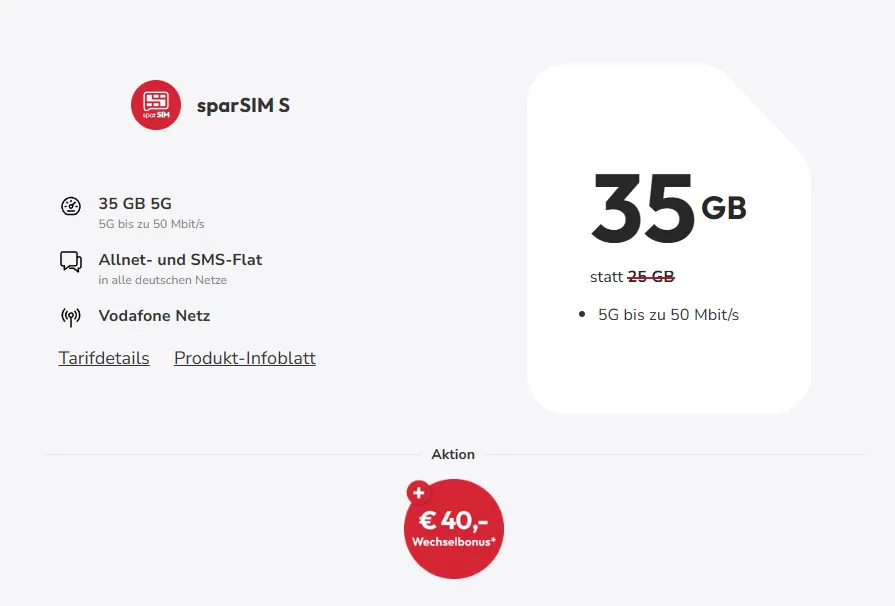 Sparsim: 35GB otelo im Vodafone-Netz (0€ Anschlusspreis, 40€ Wechselbonus)