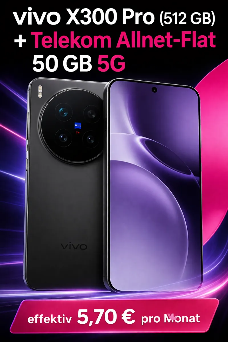 Gomibo: vivo X300 Pro (512 GB) + Telekom Allnet-Flat 50 GB 5G für 39,95 € / Monat + 353,95 € einmalig