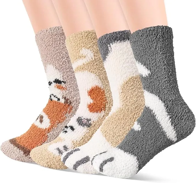 4 Paare Kuschelsocken Damen 37 40 Flauschige Socken Winter Socken Lustige Haussocken Schlafsocken Antirutschsocken Katzensocken Suesses Geschenk fuer Frauen Maedchen