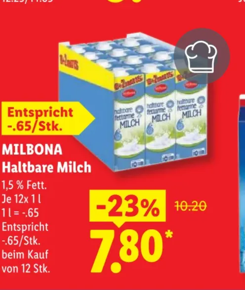 Milbona Haltbare Milch 1,5% Fett 12x 1L für 7,80€ 🥛 0,65 € pro Liter – Lidl