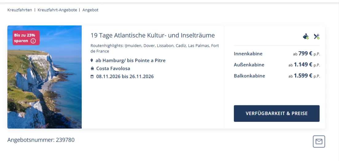 Atlantische Kultur und Inseltraeume Costa Favolosa ab 08 11 2026 15 05 2026 14 11