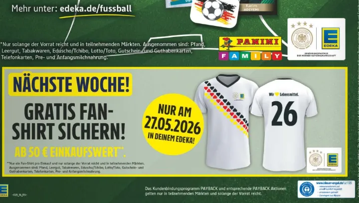 EDEKA verschenkt WM Fan-Shirts ab 50 Euro Einkauf am 27.05.2026