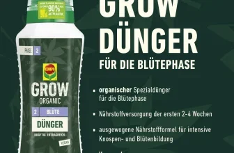 Eine weiße Düngerflasche mit grünem Etikett und Sprühkopf, daneben Text zu den Vorteilen des Düngers.