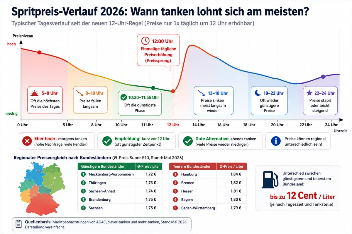 Typischer Spritpreis-Verlauf 2026 mit 12-Uhr-Regel sowie regionalen Preisunterschieden zwischen deutschen Bundesländern.