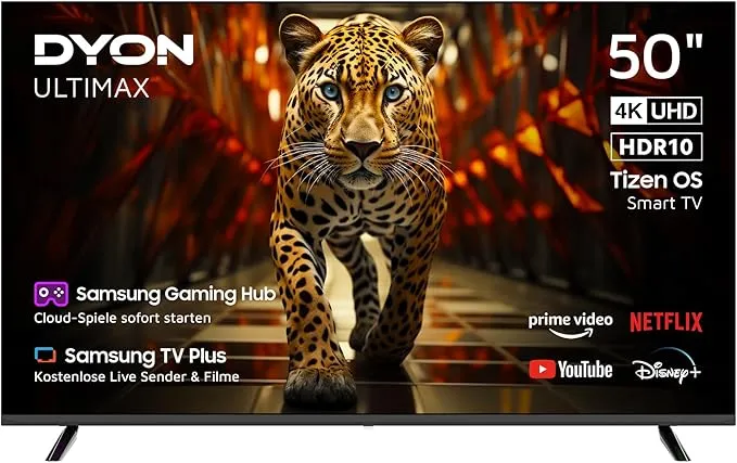 DYON ULTIMAX 50U TI – 50 Zoll 126 cm 4K Ultra HD Smart TV mit Tizen OS Triple Tuner DVB C S2 T2 Smart Gaming Hub Prime Video Netflix Disney 2025 DYON ULTIMAX 50U-TI mit 50 Zoll 4K Ultra-HD und Tizen OS