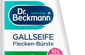 Eine weiße Flasche Dr. Beckmann Gallseife Flecken-Bürste mit pinkem und blauem Etikett