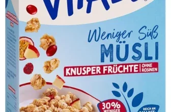 Ein 6er Pack Müsli von Dr. Oetker Vitalis mit Apfelscheiben und Cranberries
