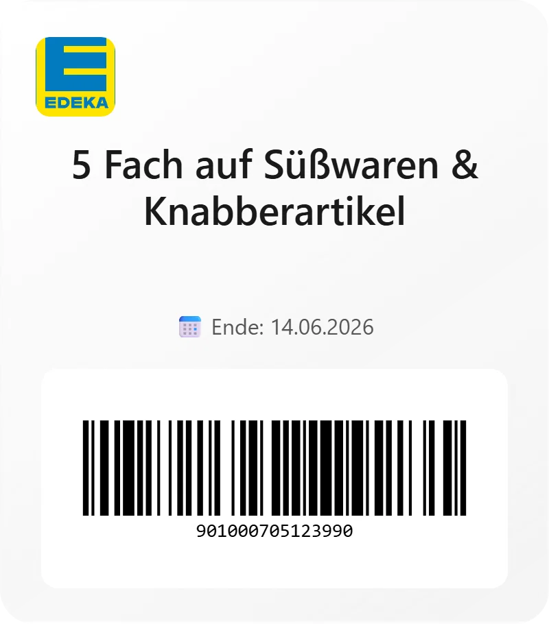Edeka 5 Fach auf Suesswaren Knabberartikel Barcode 901000705123990 Edeka 5 Fach auf Suesswaren Knabberartikel Barcode 901000705123990