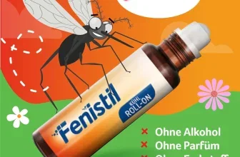 Ein Bild zeigt eine Cartoon-Mücke neben einem Fenistil Kühl Roll-on