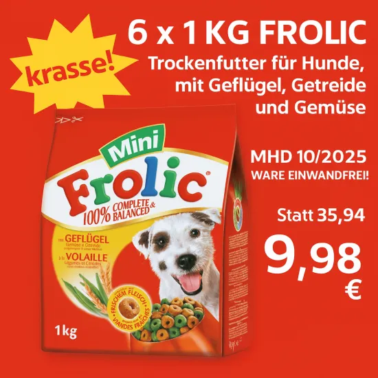 Frolic Trockenfutter Hund 6 X 1 kg mit Geflügel Getreide und Gemüse – Mhd 10/2025 – Ware EINWANDFREI!