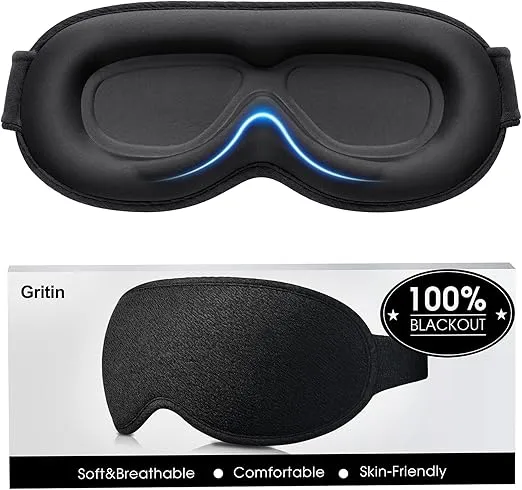 Gritin 3D Schlafmaske fuer Seitenschlaefer Upgrade Atmungsaktive Schlafbrille mit Verstellbar Gummiband Lichtblockierend Bequem Ergonomisch Augenmaske fuer Maenner und Frauen 2 Paar Ohrstoepseln