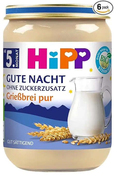 HiPP Bio Gute Nacht Grießbrei pur Babybrei ab 5. Monat 6er Pack (6x190g)