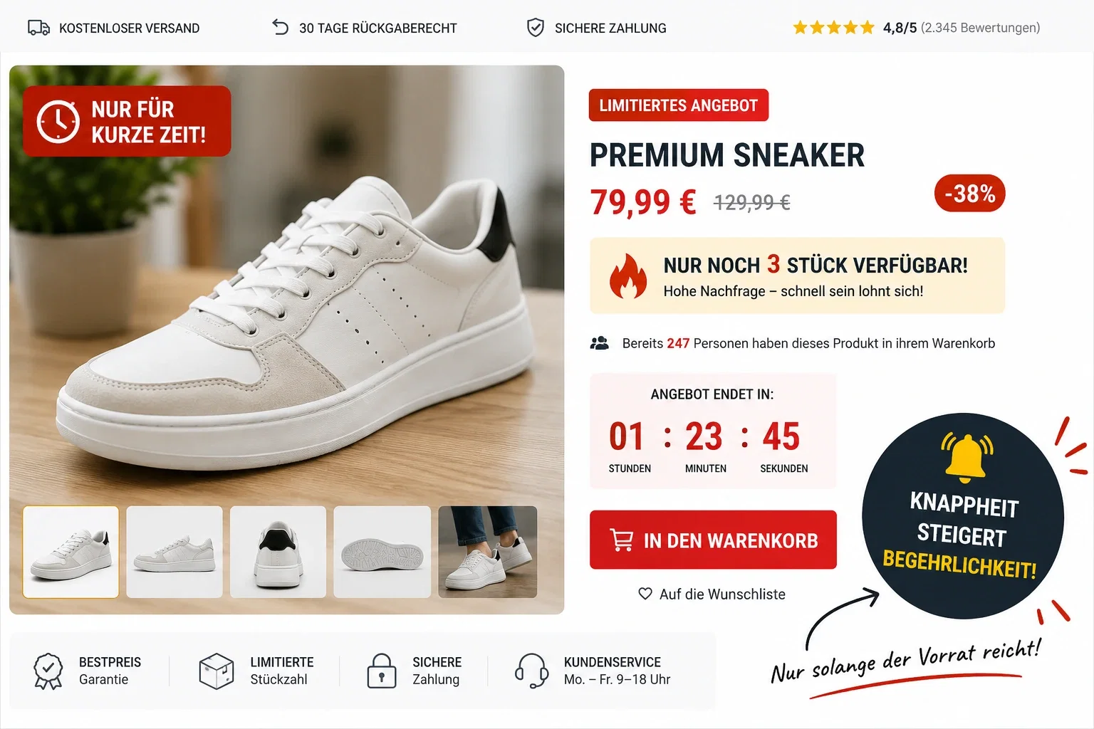 Knappheitseffekt im Online Shopping Knappheitseffekt Online-Shop mit Hinweis auf geringe Verfügbarkeit und zeitlich begrenztem Angebot