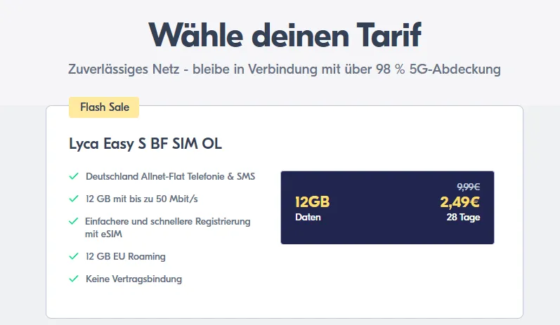 Lyca Mobile Easy S mit 12 GB Allnet-Flat im Vodafone-Netz für 2,79 Euro